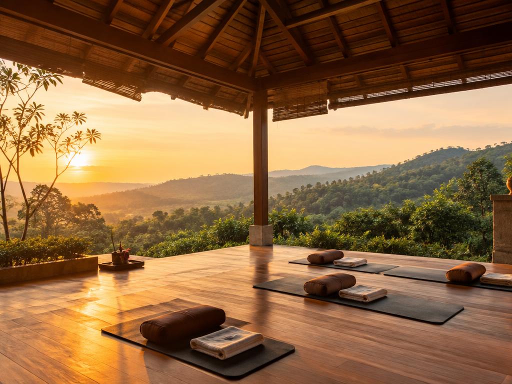 A calm open-air retreat pavilion overlooking green hills